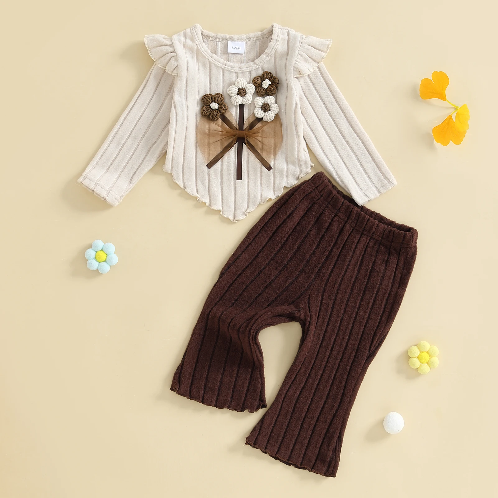 0-3Y Toddler Girl Fall Outfits Crochet Flower Long Sleeve Round Neck Pullover + Elastic Waist Ribbed Flare Pants 2 Pcs Set