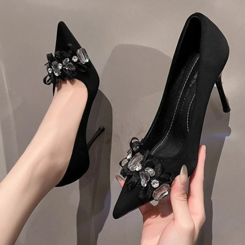 

Slim-Heel Single Shoes Autumn New Pointed Toe Shallow Slip Rhinestone Suede Anti-Slip Wear-Resistant High Heels
