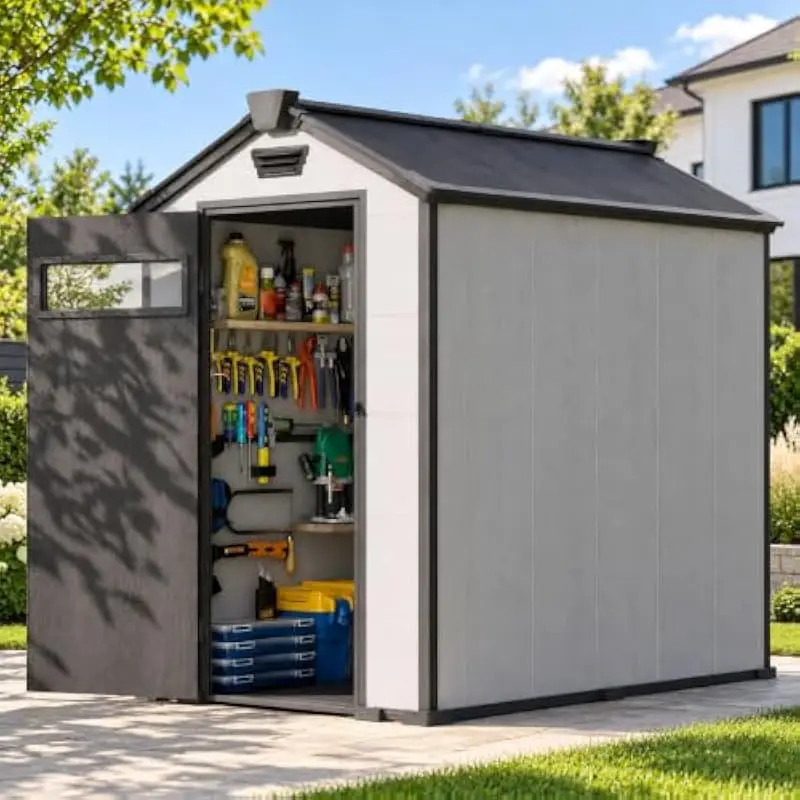 4x6 FT weatherproof resin shed with double-wall construction floor ventilation windows and secure locking door ideal for compact