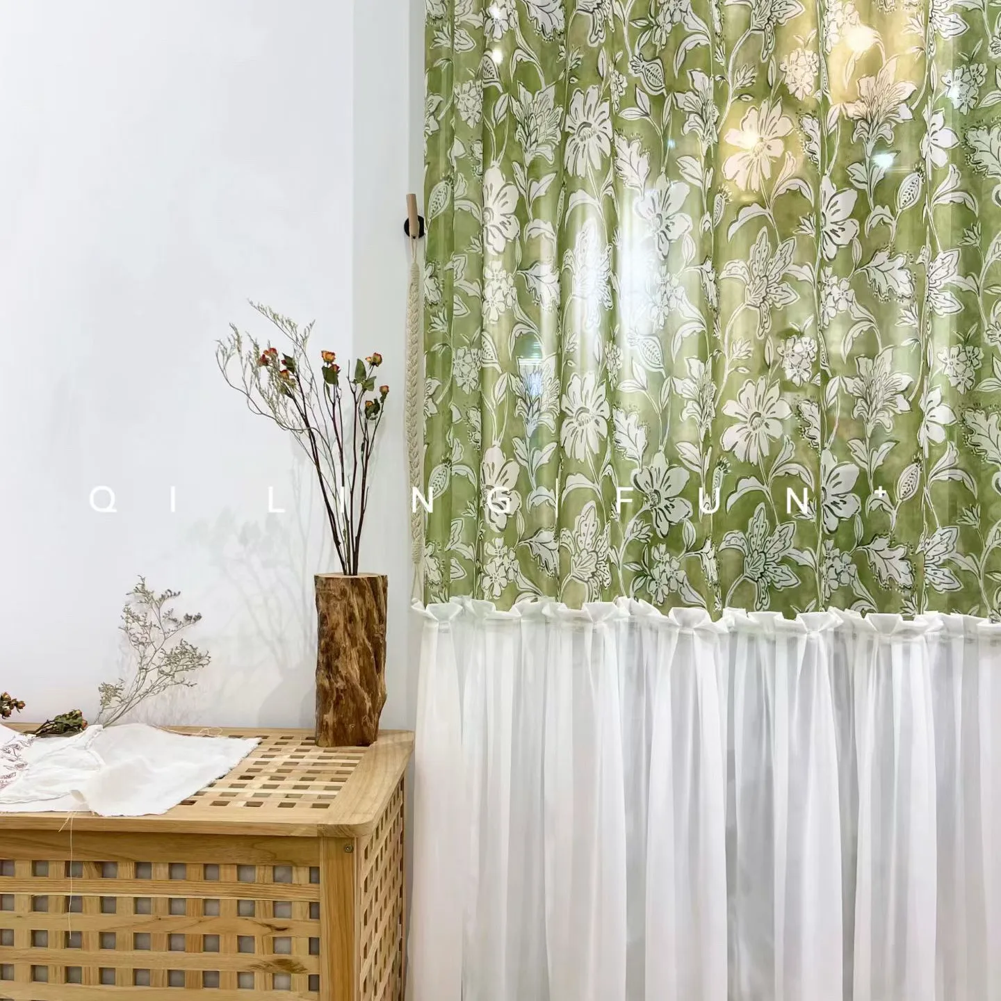 French Retro Oil Painting Style Green Printed Curtains Gauze Curtains for Balcony Living Room Bedroom Bay Window Customization