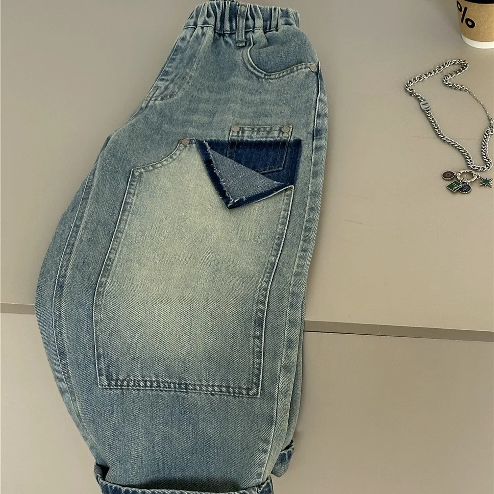 2026 Spring Children's Jeans Korean Bamboo Hole Piercing Western Style Boys' Medium To Large Children's Straight Leg Pants