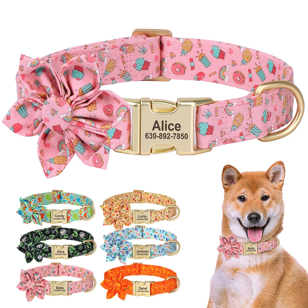 

Personalized Dog Buckle Collar Nylon Print Dogs ID Collars Free Engraved Pet Necklace With Flower Accessory For Small Large Dogs