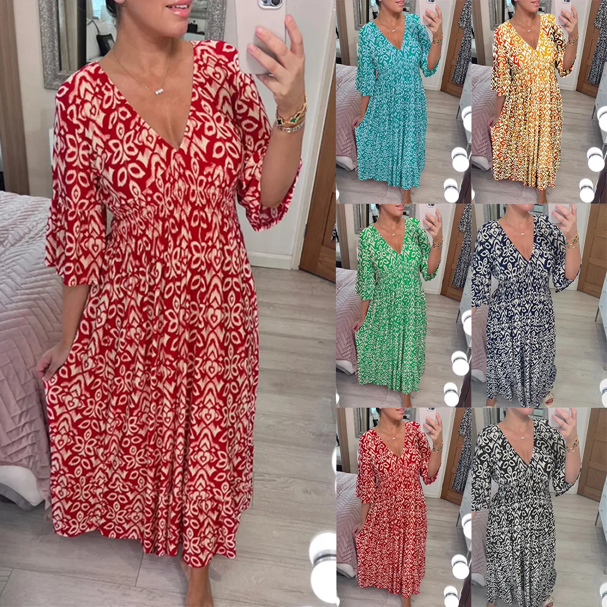 

2023 New plus Size Fairy Tale V-Neck Floral Dress Beach Vacation Loose Long Skirt European Style Polyester Fiber T-Shirt Dress