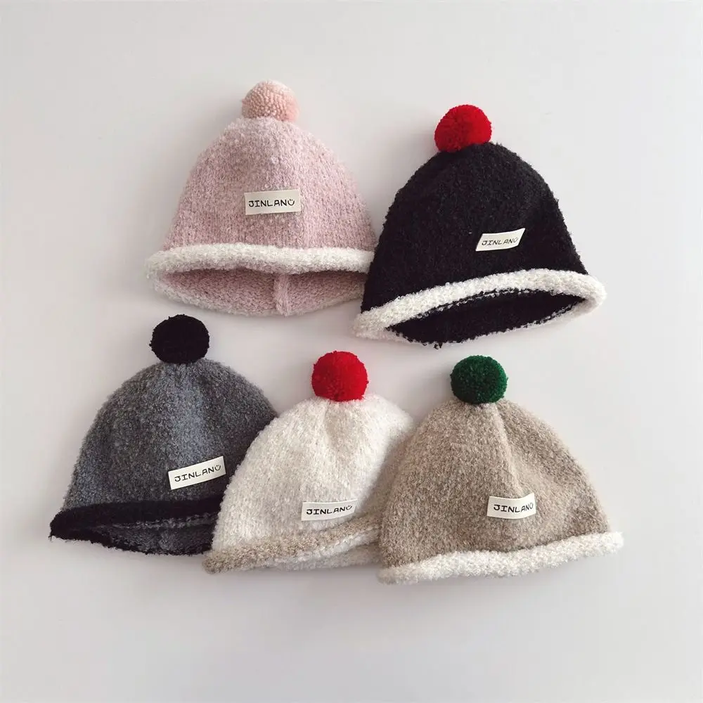 

Korean Woolen Yarn Kids Pullover Cap Cute Plush Ball Outdoor Baby Knit Hat Solid Color Baby Beanies Girls Boys