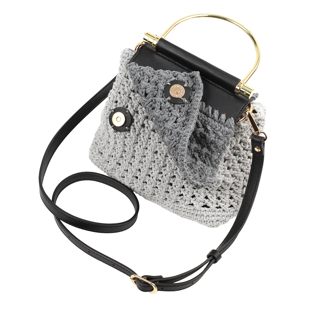DIY Knitted Bag Set Leather Shoulder Handbag Handles Strap Bags Bottom Lychee Pattern for Crochet Woven Crossbody Accessories