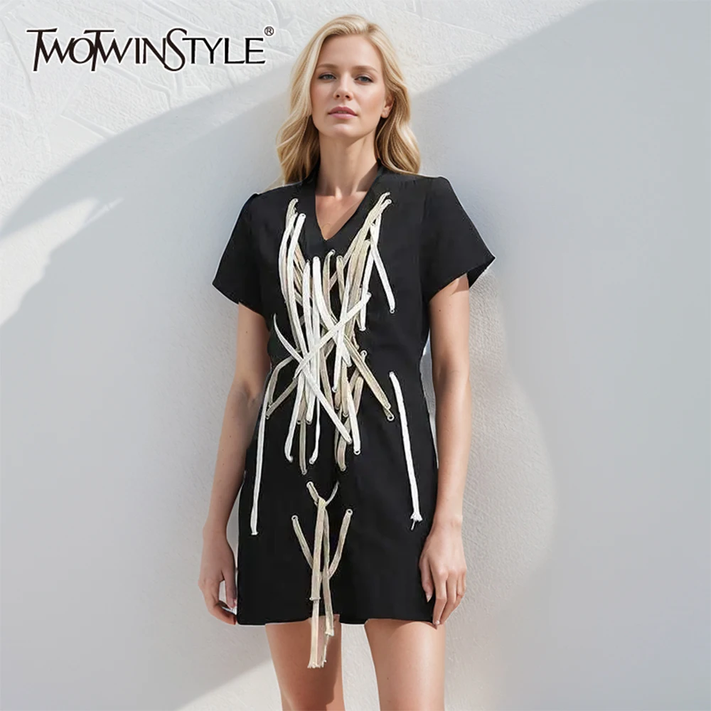 TWOTWINSTYLE Patchwork Lace Up Designer Dress For Women V Neck Short Sleeve Loose Waist Hit Color Mini Dresses Female Fashion