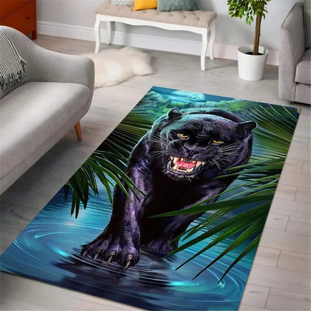 

HX New Fashion Animal Carpet Black Leopard 3D Prined Rug Carpets for Living Room Indoor Doormat Hallway Area Rugs 5 Size