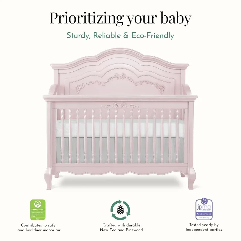 캠핑 5-In-1 컨버터블 유아용 침대(더스티 로즈, Greenguard Gold 인증, 매트리스 높이 설정 3개, 견고하고 Spacio)