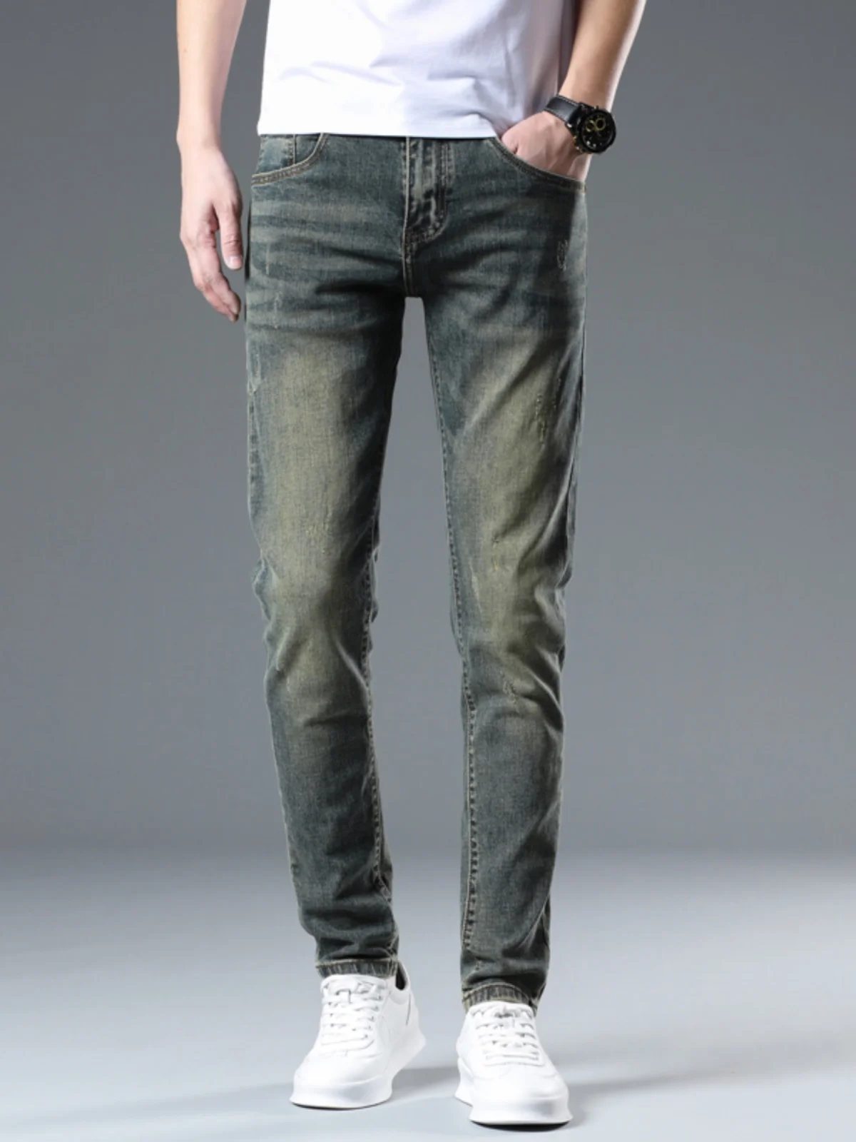 

Ретро-джинсы для мужчин премиум-класса, облегающие, эластичные, универсальные, длинные брюки, новинка весна-лето, молодежные, повседневные, стильные.