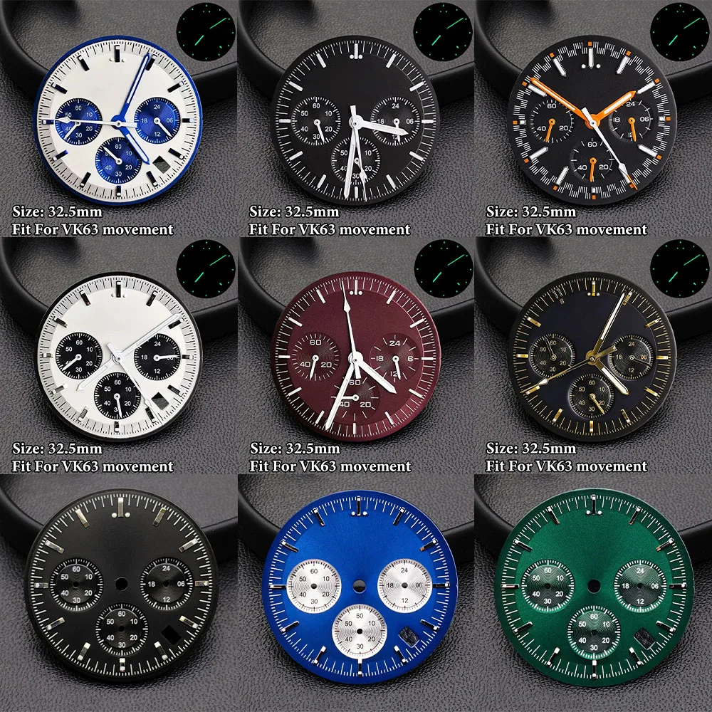 Fit For VK63 Quartz Movement Dial 32.5MM Watch Dials Green Luminous Speed Master Modified Chronograph Replace Parts Accessories