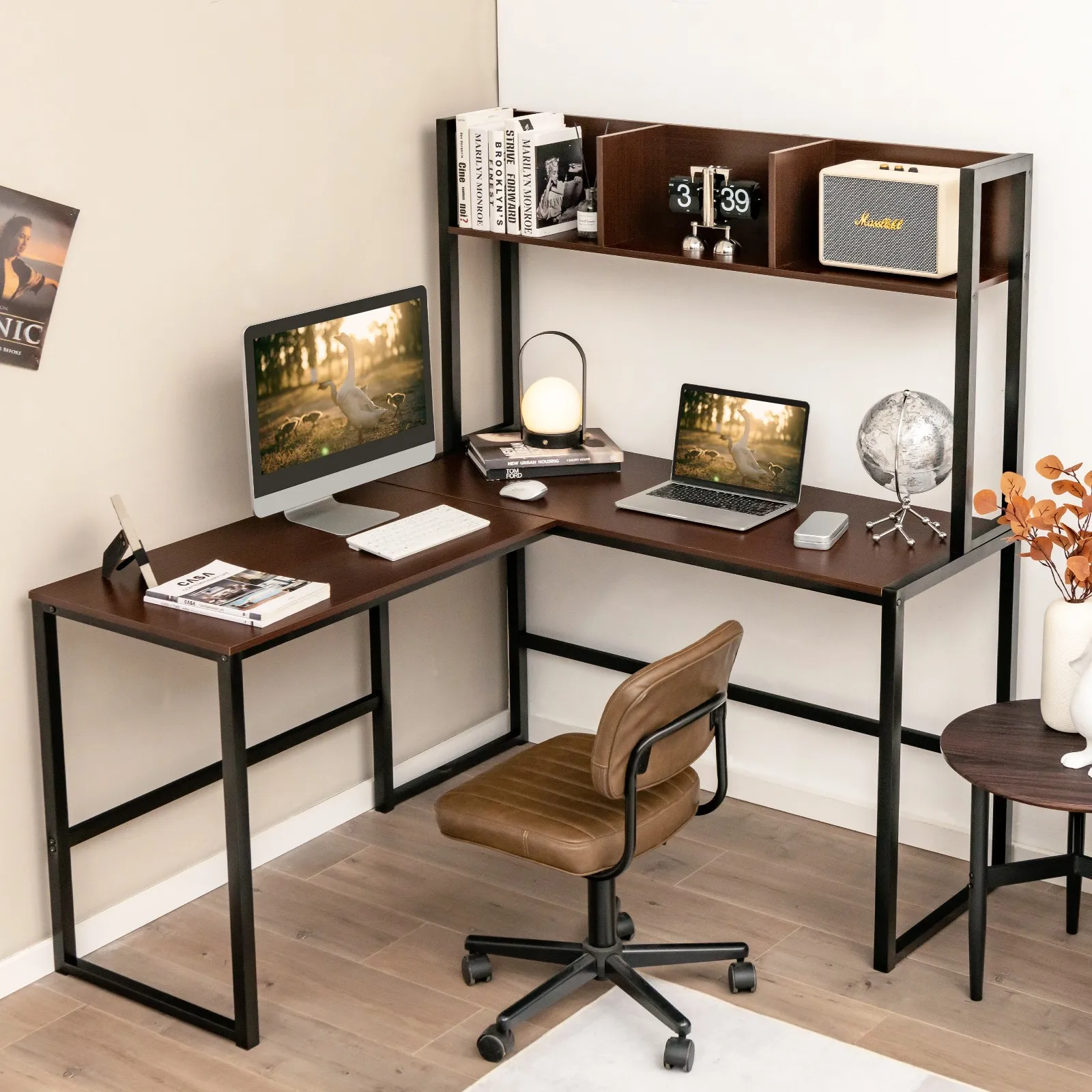 

55" L-Shaped Desk Corner Desk Writing Desk Computer Desk w/Storage Hutch Teak