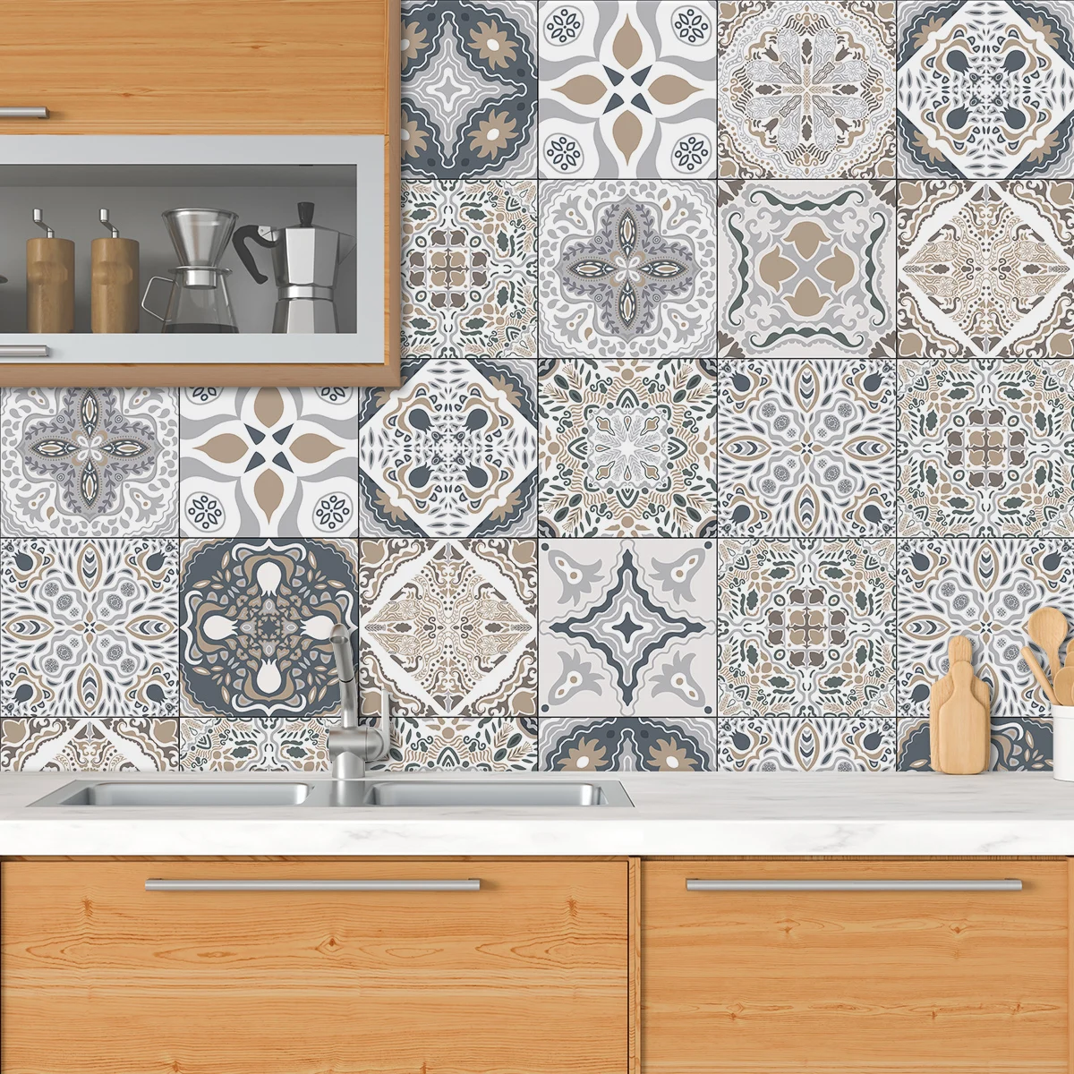 24 Stück grau-weiße, minimalistische PVC-wasserdichte, selbstklebende Wandaufkleber für Küche und Schlafzimmer, Fliesenaufkleber zum Abziehen und Aufkleben – Detail 1