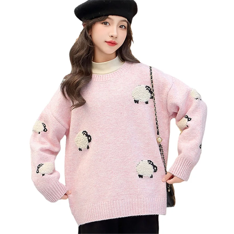 

Cute Style Kids Girl Pink Sweater with Sheep Pattern Knitwear For Children Casual Knitted Outfits Pullover Tops 4 5 7 9 11 13 14