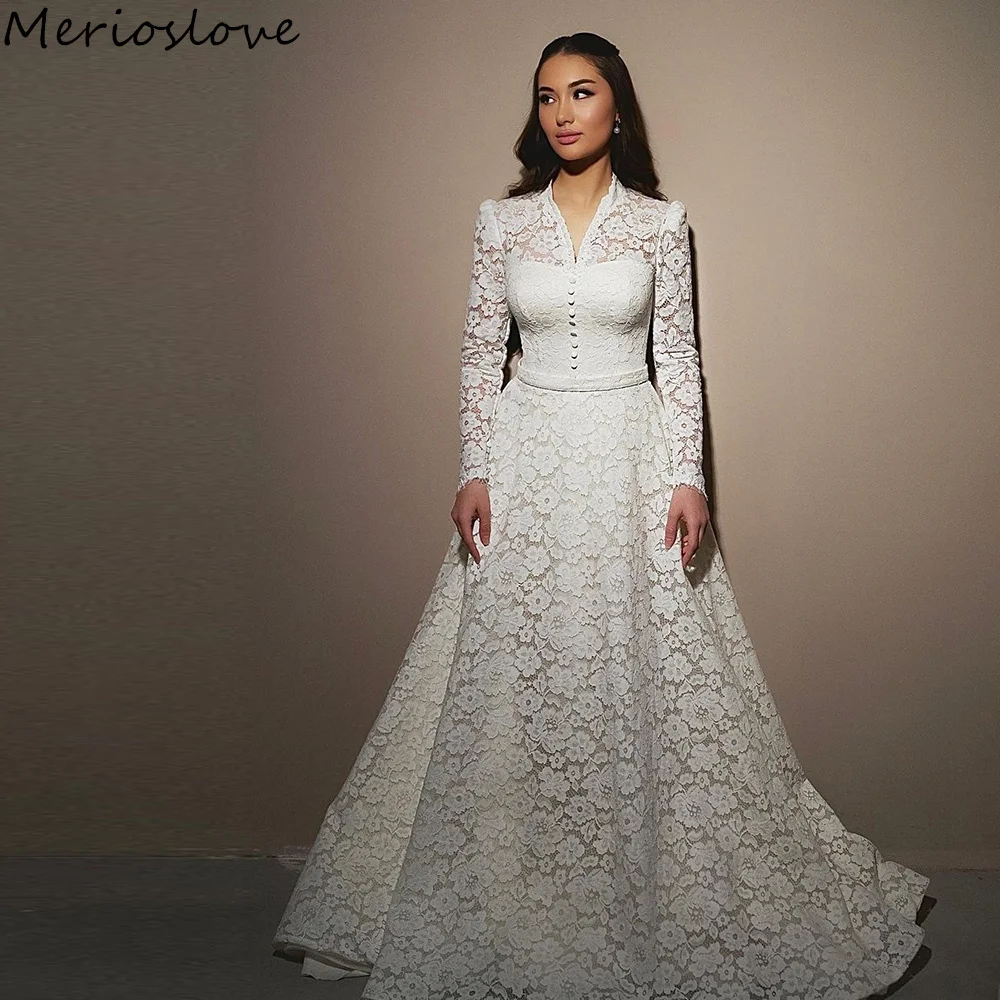 Merio slove exquisite Spitzen applikationen Brautkleider lange Ärmel a-Linie bescheidene Brautkleider Strand braut kleid Tail מvas ות כלה