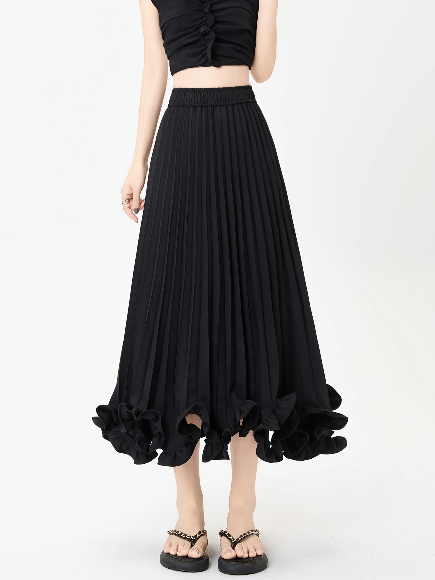 Ijs Zijde Bloemblaadje A-lijn Rok Dames Zomer Dunne High-End Gevoelens Plooirok Koreaanse Sle Woon-werkverkeer Casual Polyestervezel