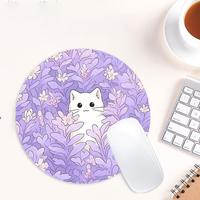 Round Mouse Pad Cute White Cat Desk Pad Purple Lavender Rubber Mousepad Aesthetic Desk Accessory for Office Laptop Computer