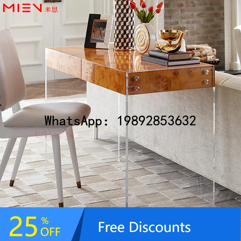 XL Acrylic Desk with Tree Bark Surface, Organic Glass and Metal Combination Writing Desk Office Desk