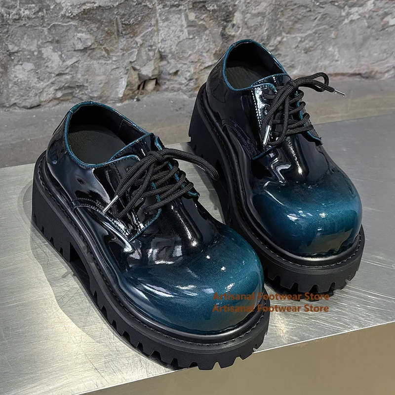 

Shiny Leather 10Cm Thick Soled Derby Shoes Big Round Toe Shoes for Men Lace-Up Wear-Resistant Shoes Trendy Handmade Men's Shoes