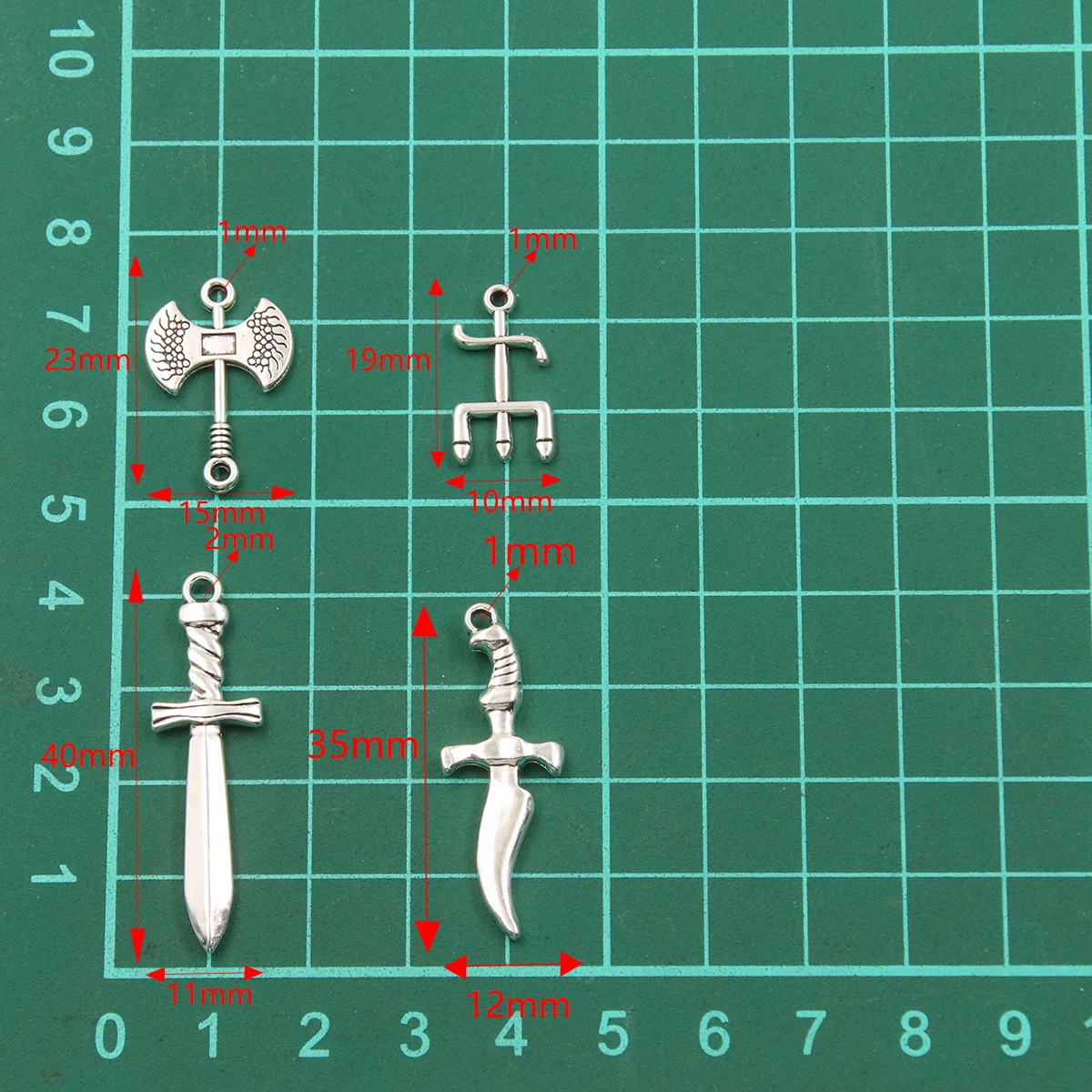 20PCS 4 Styles Mixed Alloy Simulated Weapons Charms For Jewelry Making DIY Handmade Axe Sword Trident Pendant Connector