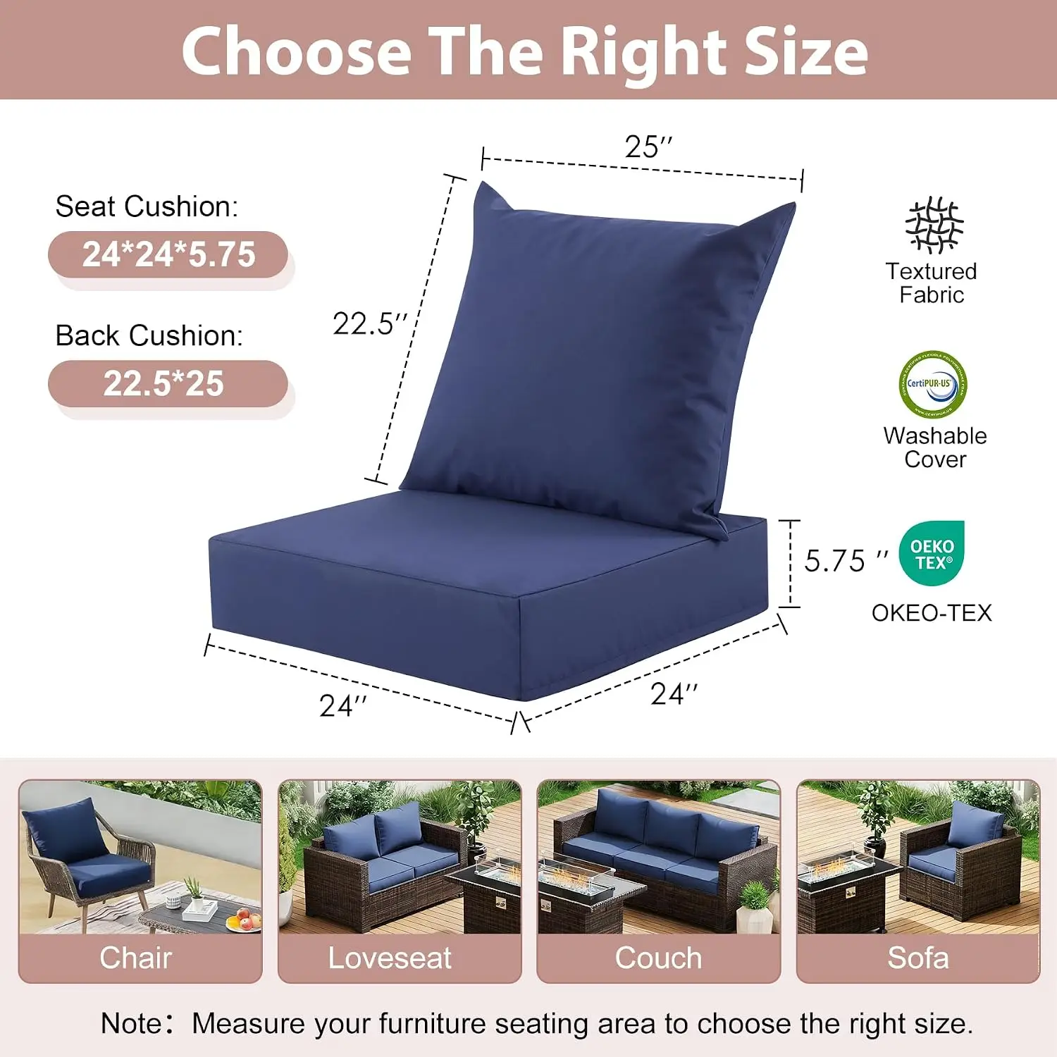 Outdoor Deep Seat Cushion Set 24x24in, Water-Resistant & Fade-Resistant Patio Chair Cushions, Removable Cover, Navy Blue
