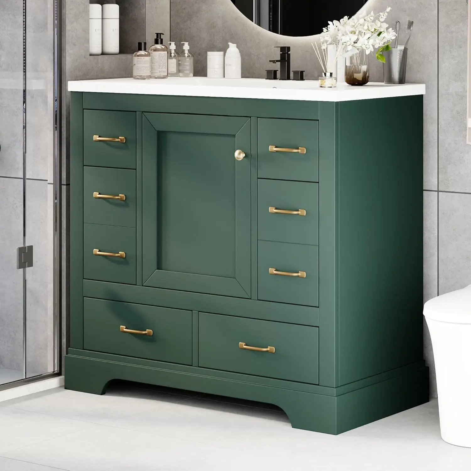 36in Bathroom Vanity Cabinet with Sink,6 Drawers Adjustable Shelf Soft-Close Door,Home Hotel,Customized