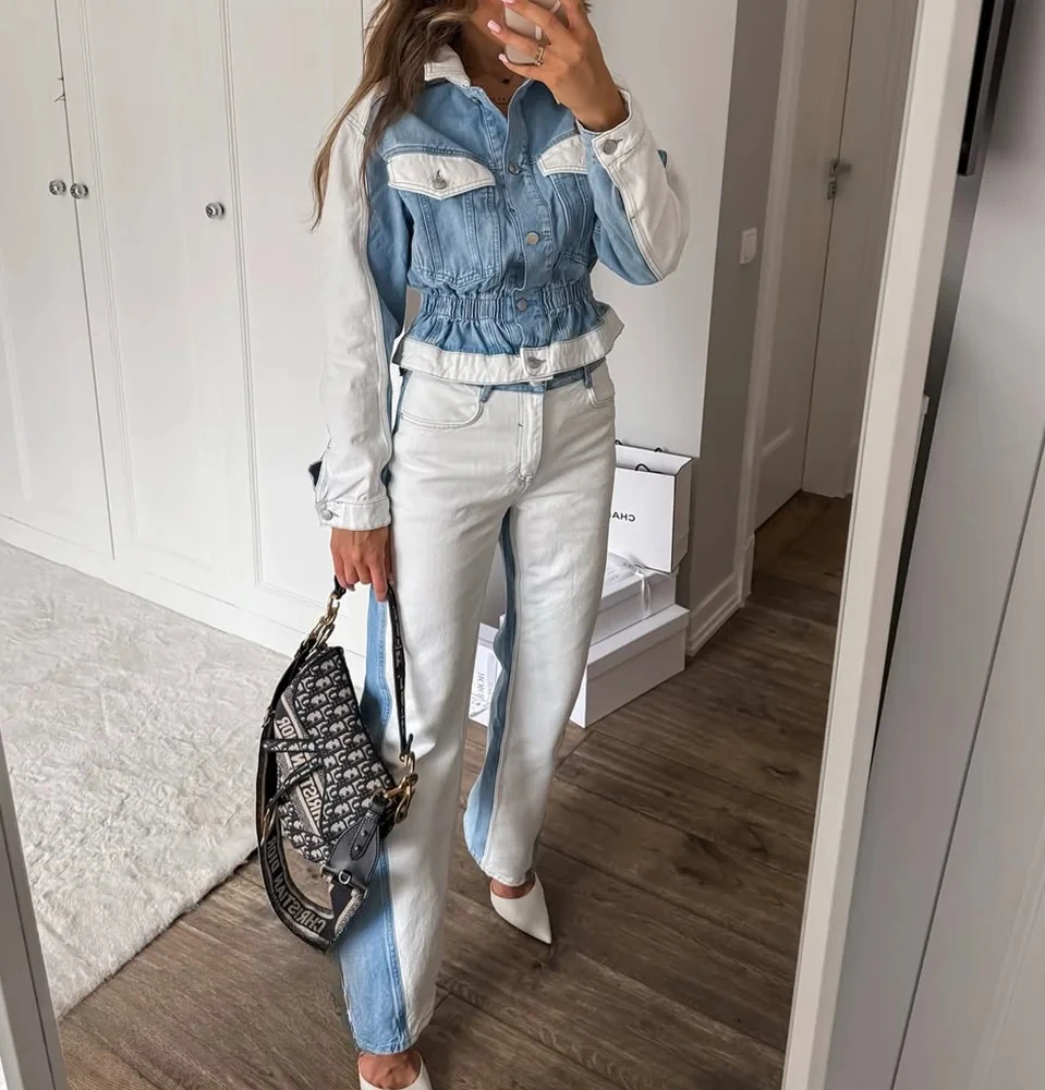 

KONDALA женская повседневная уличная джинсовая куртка, комплект контрастных цветов, поясная куртка, длинные брюки, осенняя мода 2025 года, современный женский комплект брюк