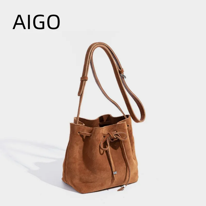 AIGO New Frosted Shoulder Bags For Women Bucket Bag Women\'s Bag Small Crowd Skew Straddle Bag Vintage Retro Handbag Bolas