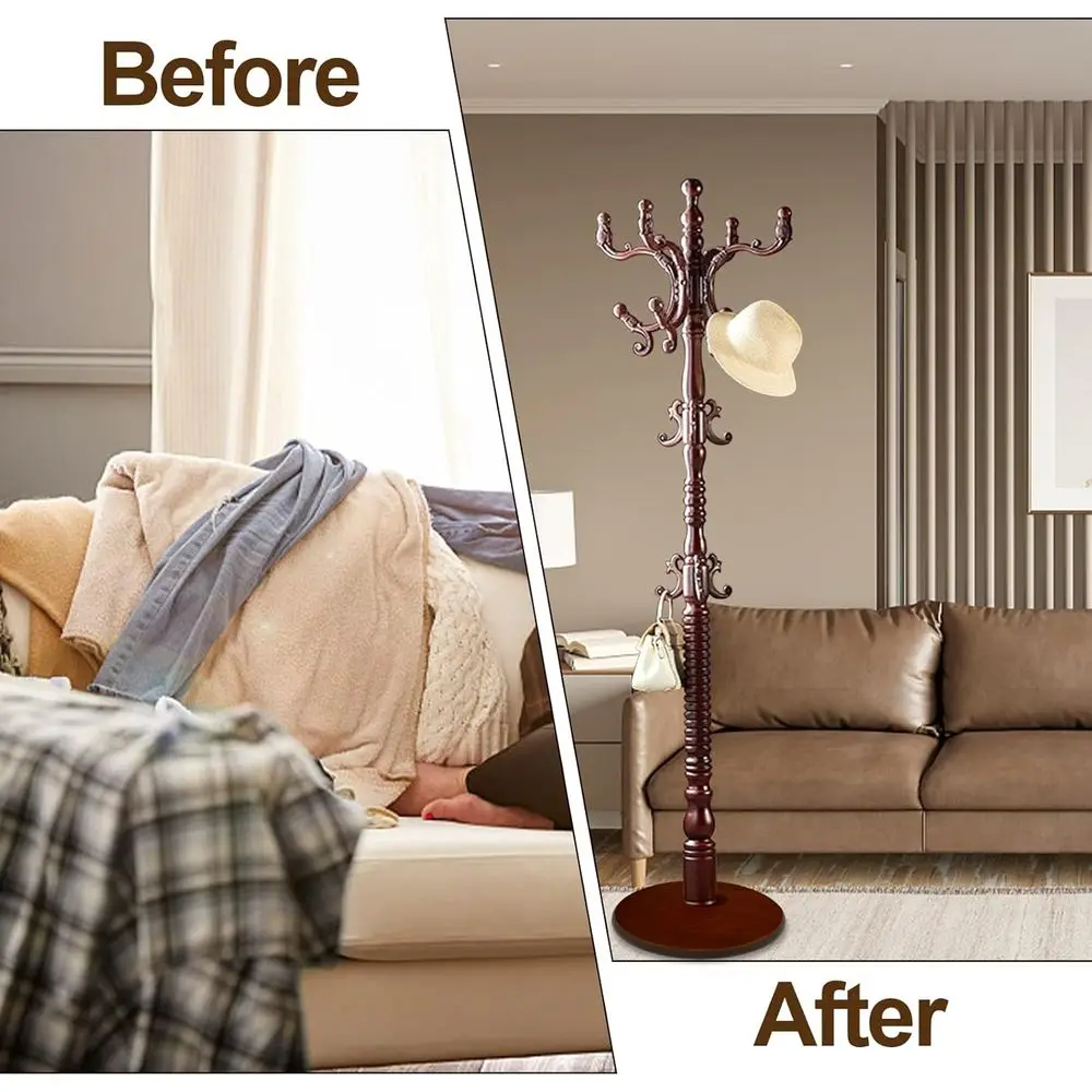 Standing Coat Rack Coat Tree Retractable Wooden Coat Rack Entryway (black red)