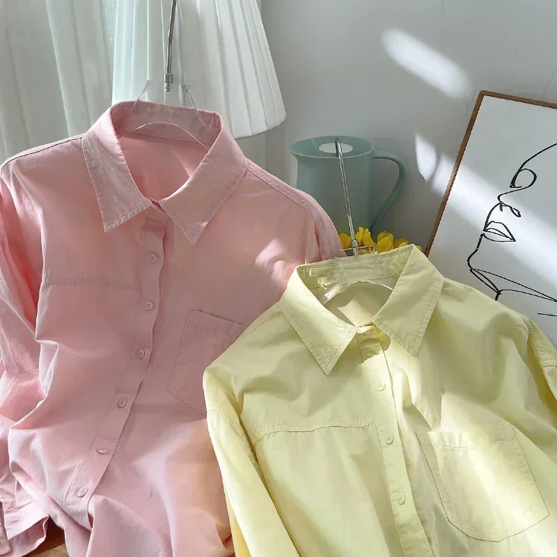

Женская хлопковая однобортная рубашка, повседневная Осенняя блузка с длинным рукавом и карманами, модные женские топы, одежда, блузы 23896