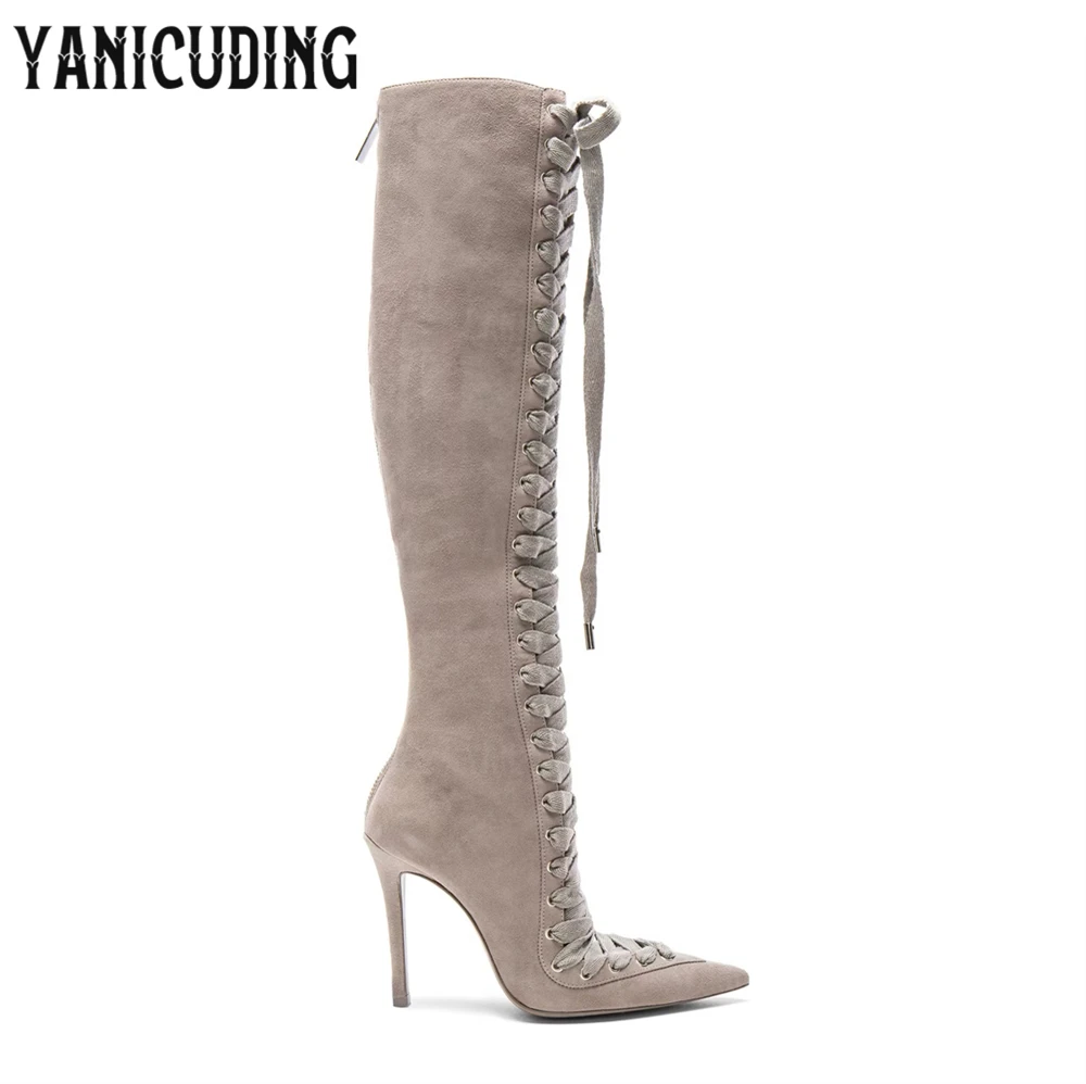 

Lace up Suede Long Boots Multiple Straps Stiletto Boots Sexy Pointed Toe Handmade Boots for Women Gray White Suede Fashion Boots