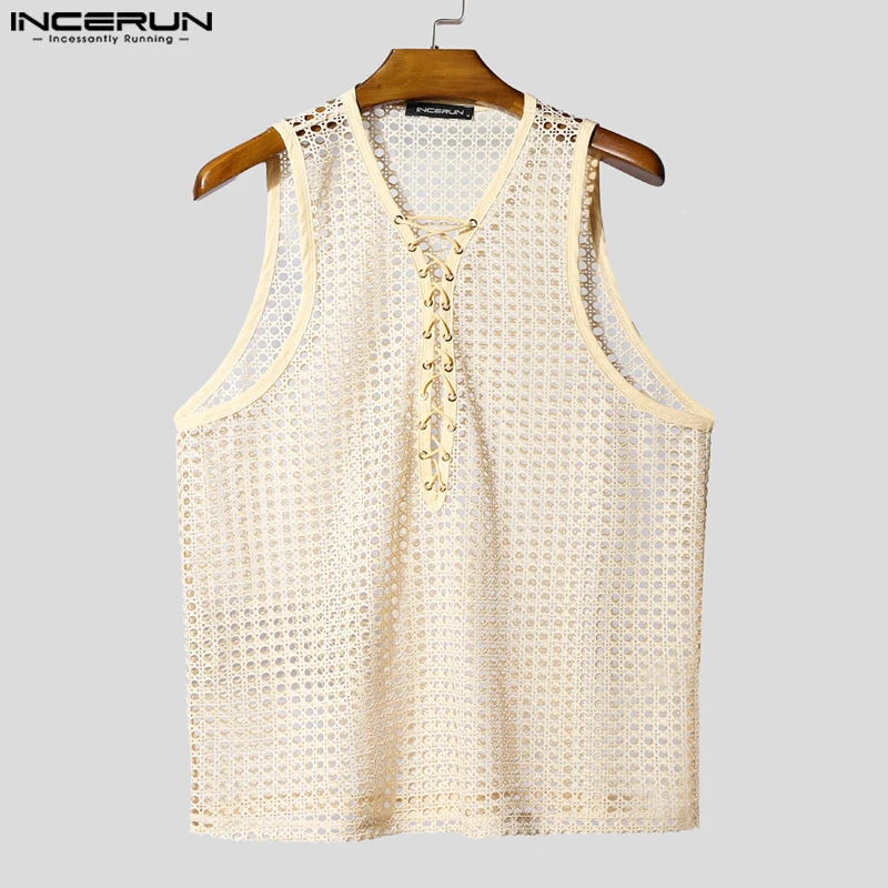 

INCERUN Summer Tops Tee Male Sleeveless Men Tank Tops Fashion Streetwear Mesh Vests Oversize S-5XL Solid Color Sexy Lace-up Tops