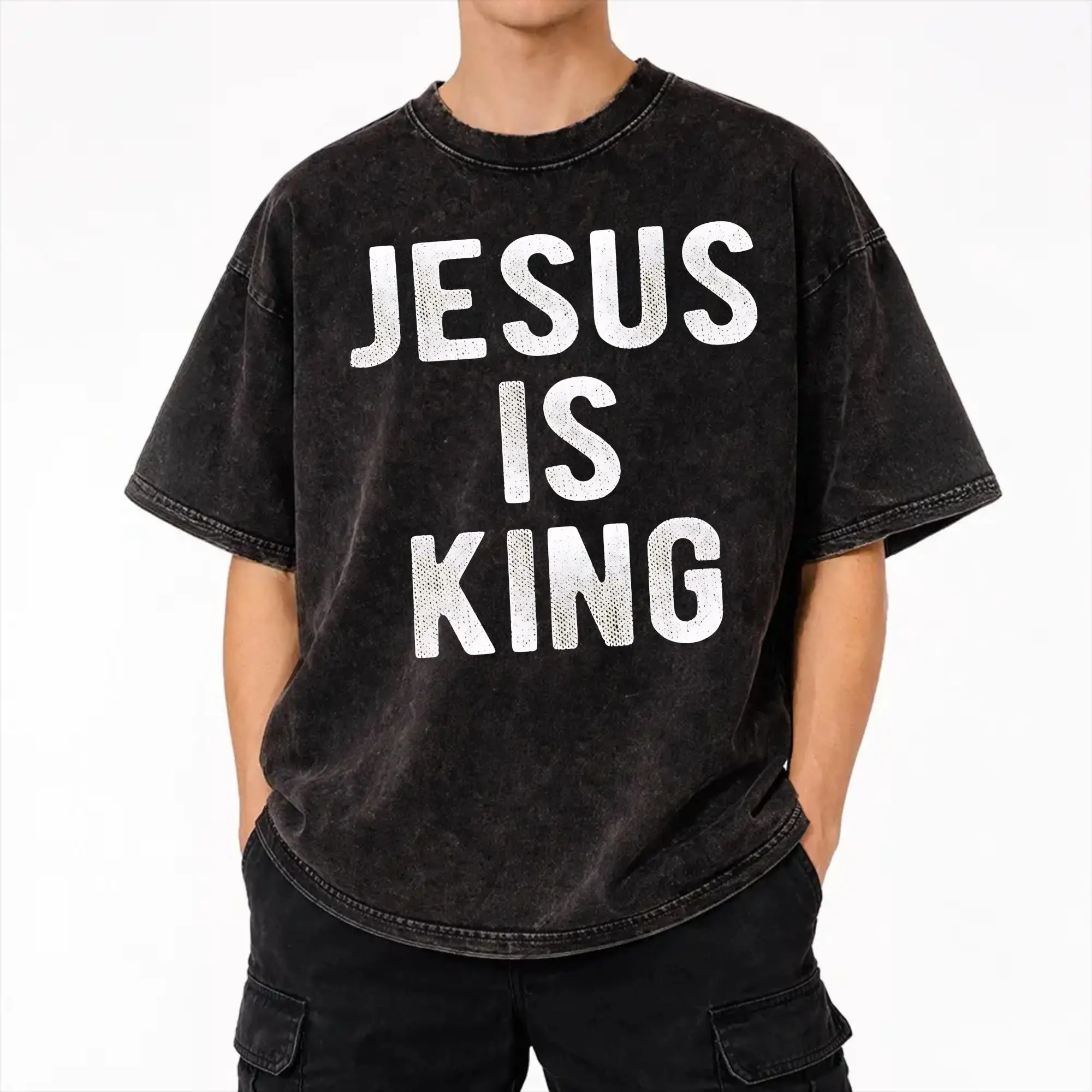 Jesus Is King Christian Faith   Washed T Shirt Streetwear Hip Hop Vintage T-Shirts  Tees Tops Men Women Short Sleeve Oversize