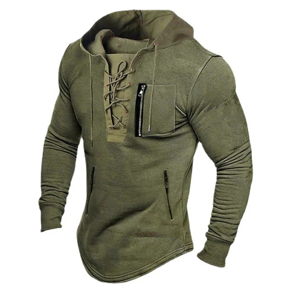 Mens Hoodie Solid Color LaceUp Zip Pockets Sweatshirt Comfortable Casual