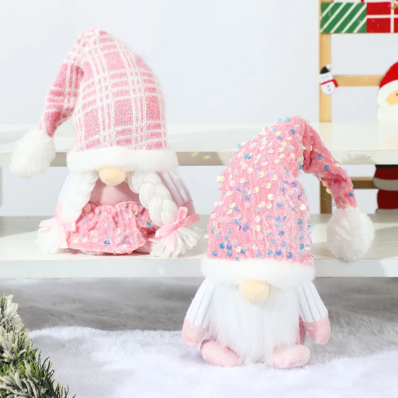 Christmas Gnome Plush Decorations,Elf Dwarf Gnomes Doll Pink Sequin Hat Design For Home Christmas Table Decorations