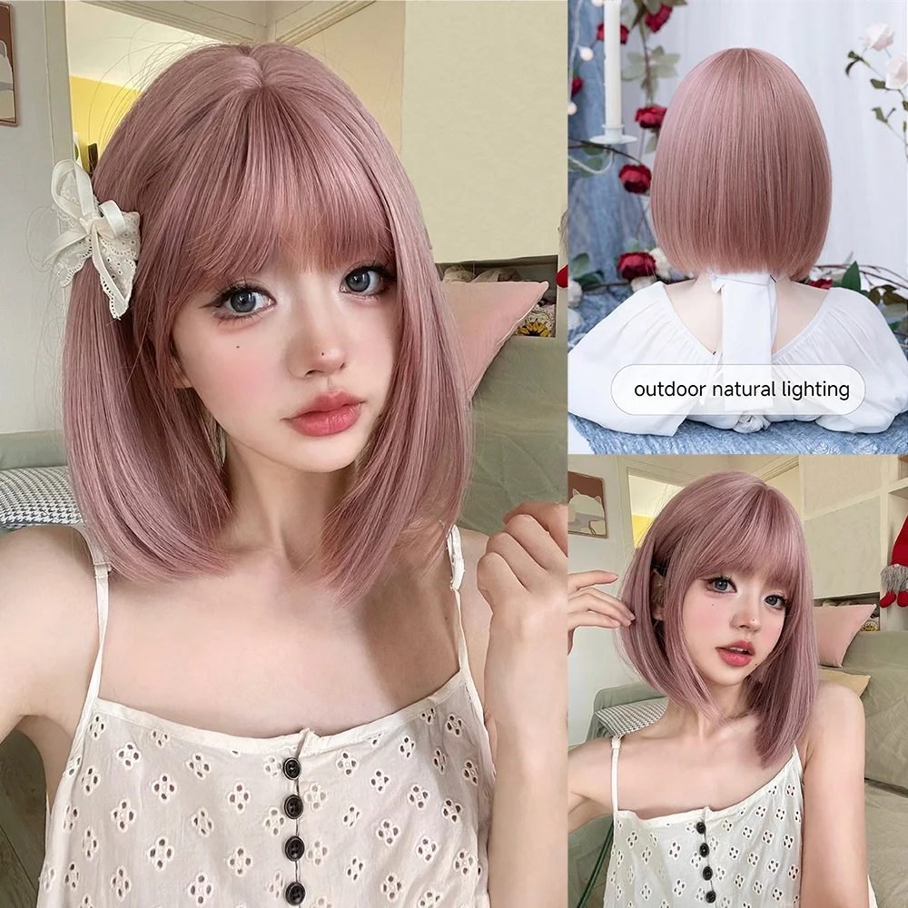 Peluca sintética de Lolita de Color púrpura ceniza de 12 pulgadas con flequillo, peluca de pelo liso Natural corto para mujer, Cosplay diario resistente al calor