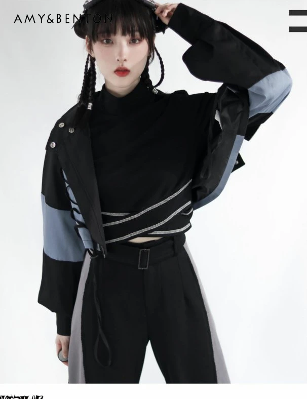 Gothic Street Color Matching Outdoor Jacket High Waist Slim Mini Leather Skirt Two-Piece Set Women Sweet Y2K Hot Girl Outfits