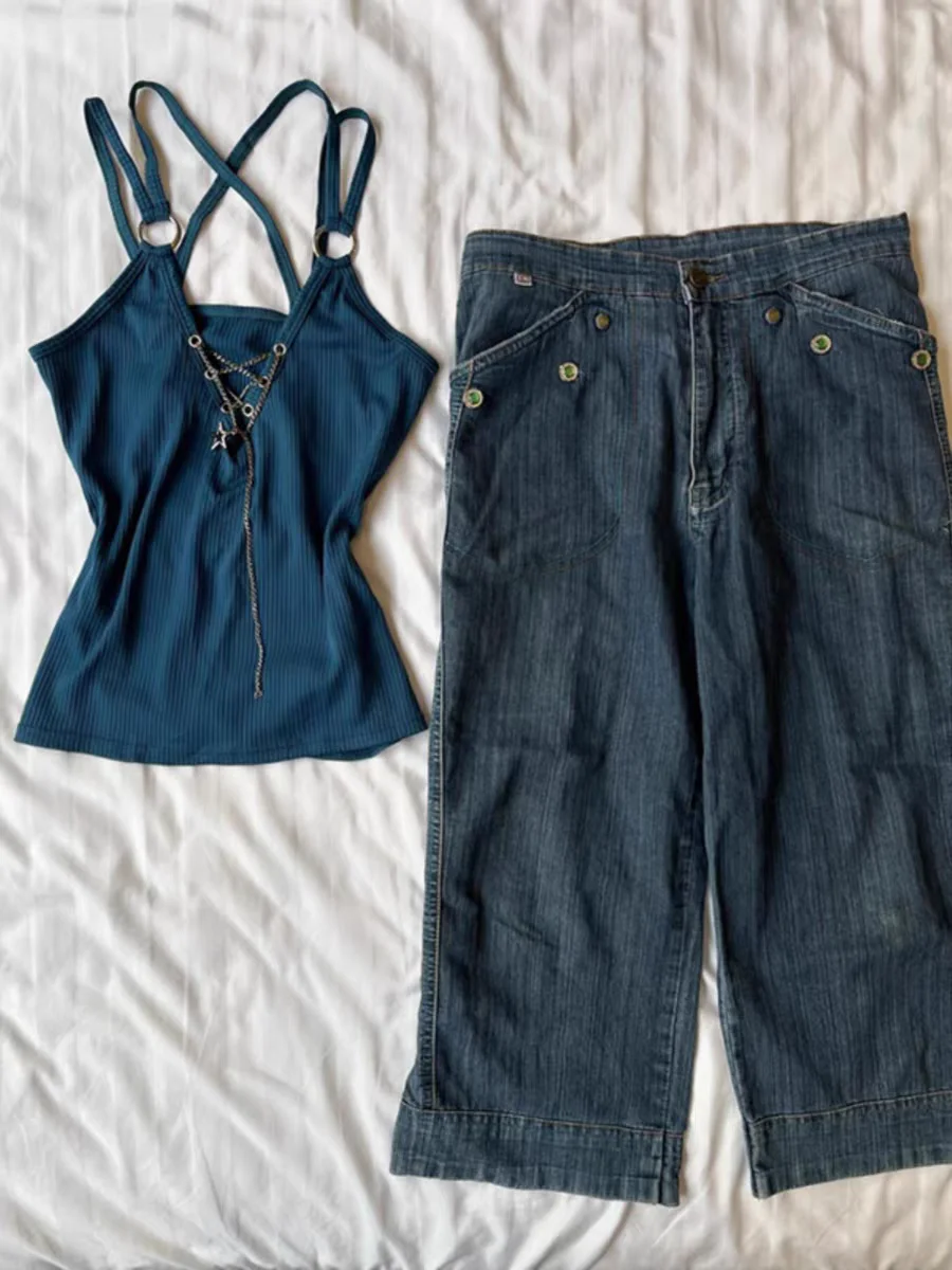 American Vintage Blue Hollow Out Camisole Vest 2025 Spring Summer New Y2k Star Chain Spice Girl High Street Tank Top Y2k Top