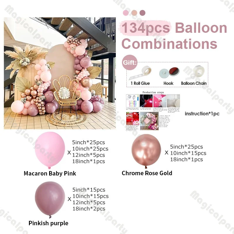 134pcs Wedding Balloon Garland Pinkish Purple Pink Gold Baby Shower Gender Reveal Balloons Birthday Party Boho Bridal Shower