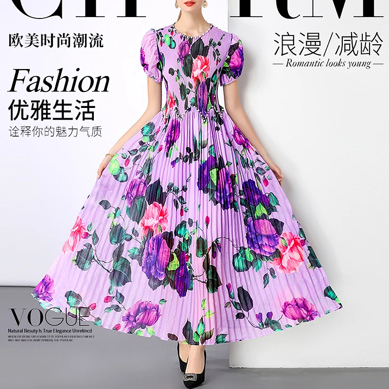 Sukienka wieczorowa z elastycznym pasem, kwiatowy wzór, dekolt okrągły, bufiaste rękawy, długa do podłogi, sukienki imprezowe dla kobiet, stylowa sukienka w kształcie litery A SL208