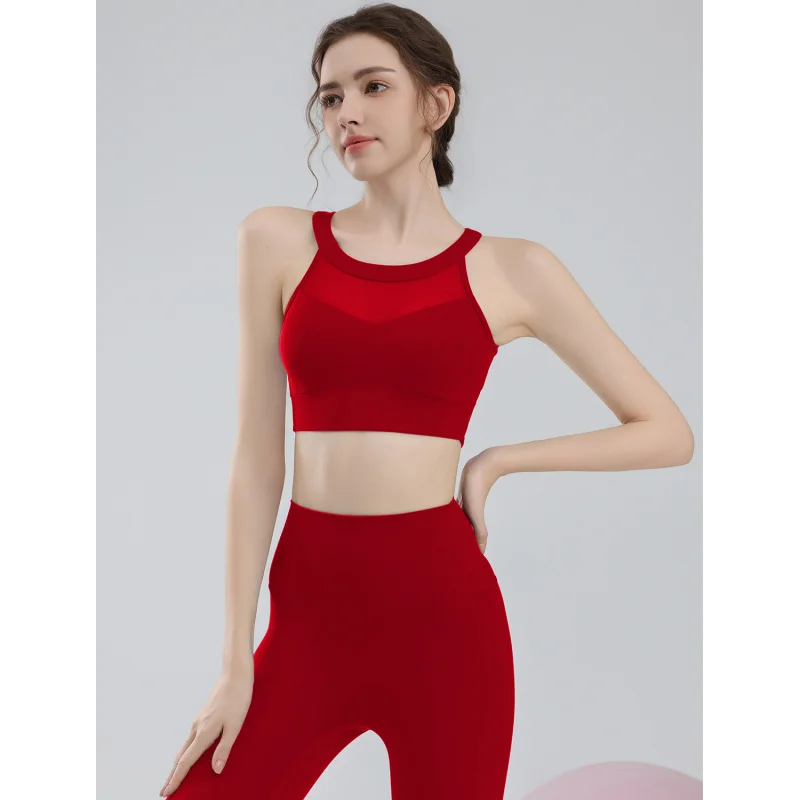 Terno de yoga feminino conjunto de sutiã esportivo anti choque malha costura bela volta treinamento roupa interior leggings de fitness