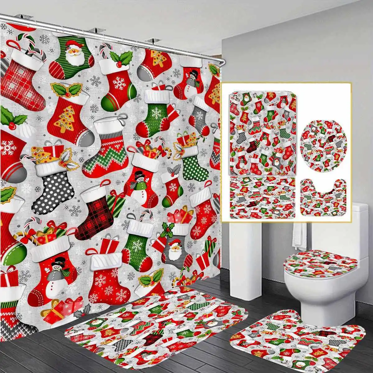 

Рождество с Новым годом, 1/4 шт., зимнее украшение, набор занавесок для душа, включая 12 крючков, водонепроницаемая занавеска для душа, нескользящая