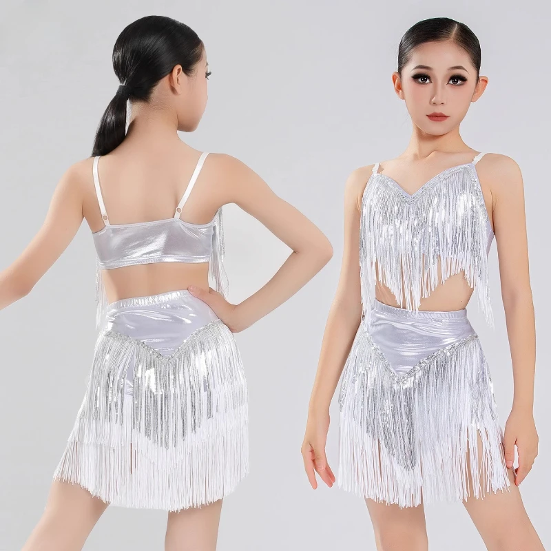 2026 New Children's Latin Dance Costume High end Tassel Performance Dress Strap Sleeveless Training Dress