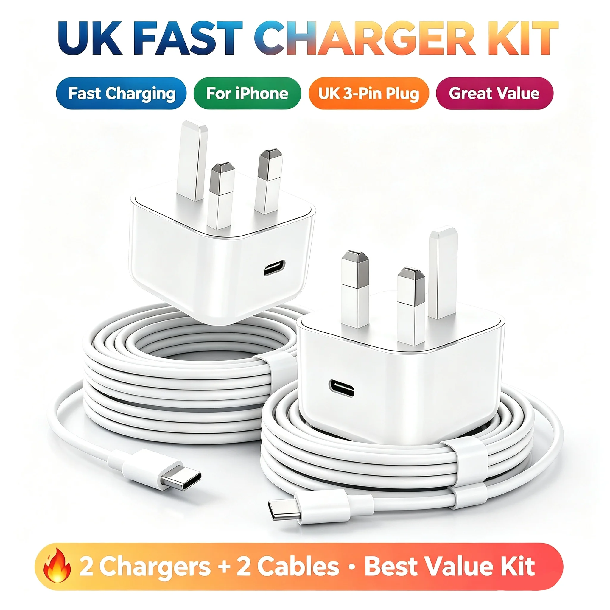 British standard charger 2Pack 20W USB C Fast Charger Plug with 2M Type C to L Charging Cable Lead Long for iPhone for iPad
