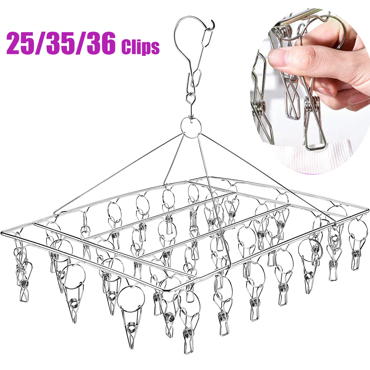 Sock Drying Rack with 25/35/36 Pegs Stainless Steel Windproof Underwear Socks Clip Swivel Hook Space Saving Sock Hanging Rack