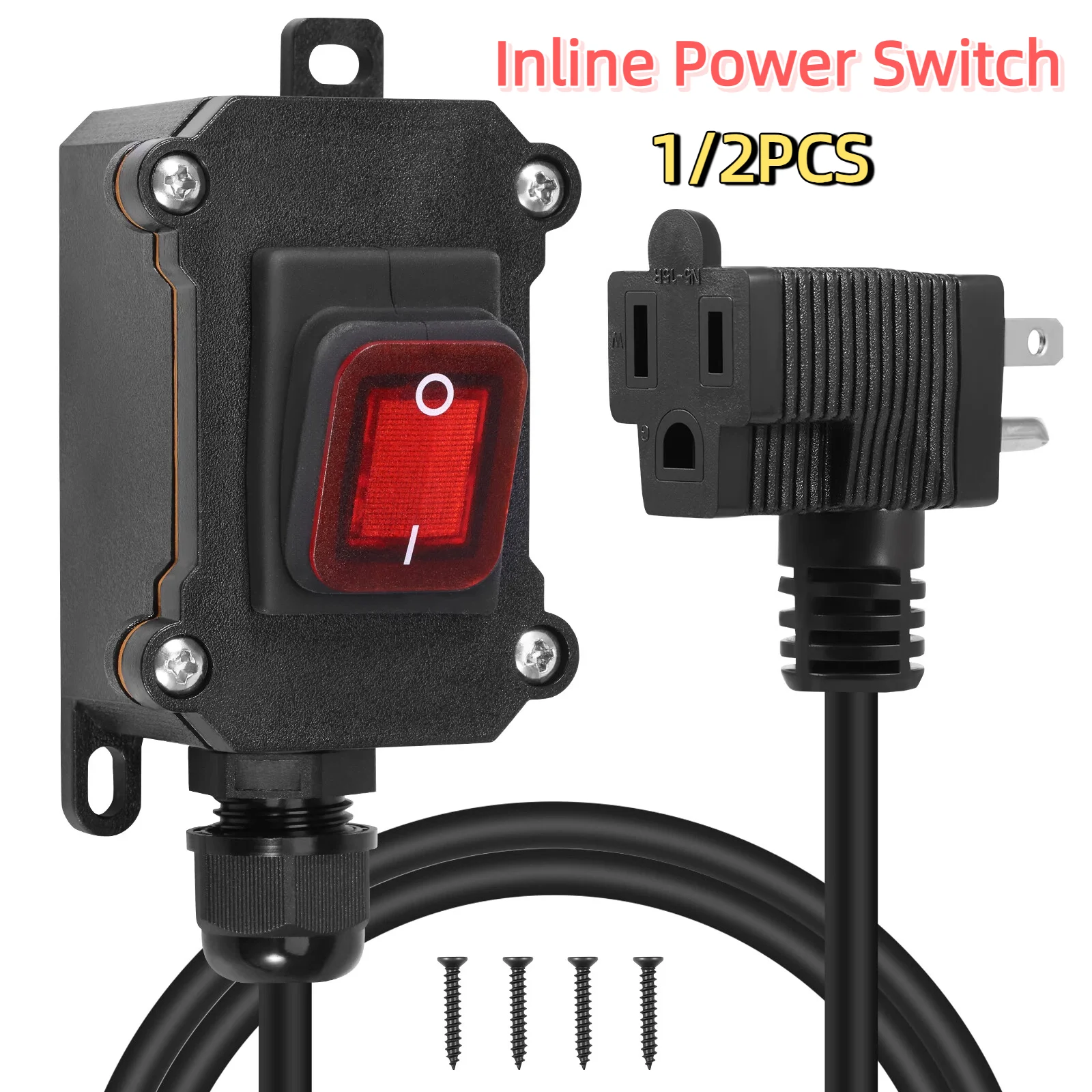 

1/2PCS Inline Cord Switch with 3 Prong Plug Waterproof Marine Rocker Switch with LED Power Cord for Outdoor Appliance Equipment