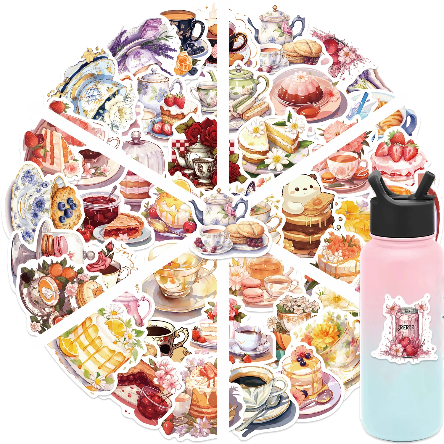 50pcs Cartoon Aesthetic Afternoon Tea Cake Stickers For Laptop Water Bottle Luggage Notebook Waterproof Graffiti Vinyl Decal﻿