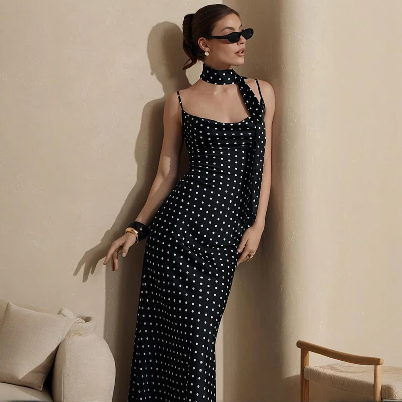 

Typhaland Polka Dots Spaghetti Strap Long Dress Women's Halter Lace Up Fishtail Dress Sexy Elegant 2026 Summer Contarst Dress