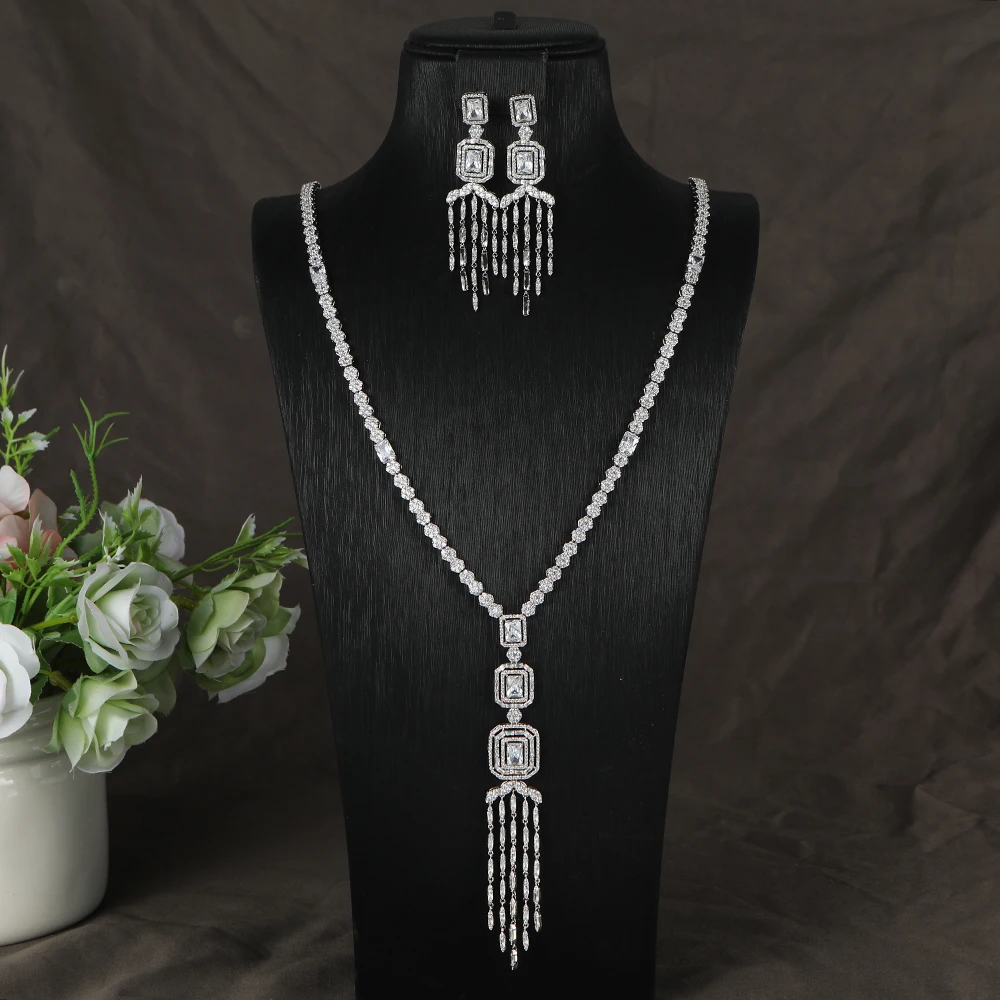 Luxury Round Hollow Out Square Tassels Cubic Zircon Engagement Dubai Naija Bridal Long Necklace Earring Jewelry Set S509