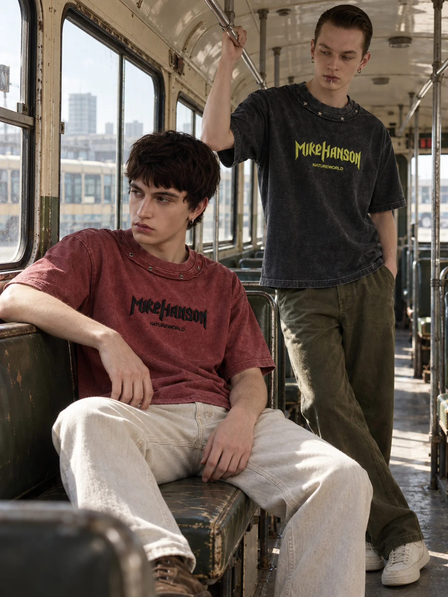 MAZZONNE Washed Letter Graphic T-Shirt, Studded Layered Crew Neck, Front and Back Design, Short Sleeve Streetwear Tee H