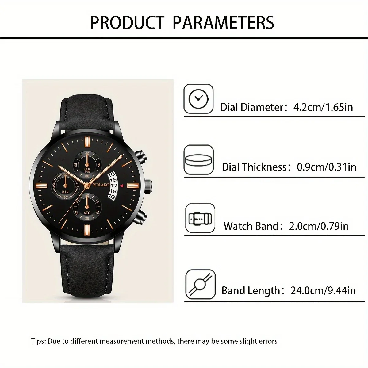 3 ชิ้นแฟชั่นธุรกิจหน้าปัดขนาดใหญ่ผู้ชายอเนกประสงค์ปฏิทินเข็มขัดนาฬิกาควอทซ์สีดําเคลือบ Rhinestone มงกุฎลูกปัดสตริง